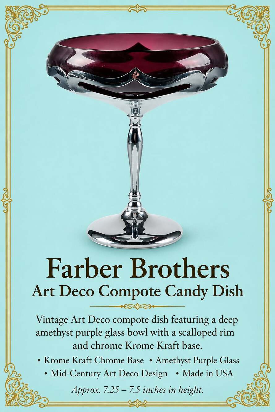Farber Brothers Art Deco Krome Kraft Amethyst Glass Compote Candy Dish